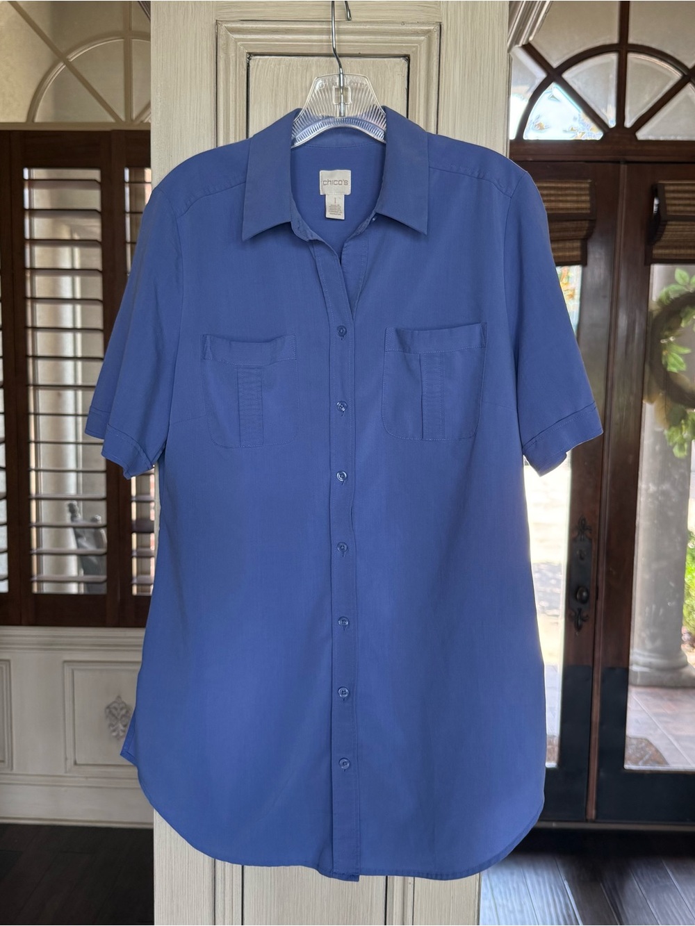 Chico's Blue Silky Soft Half Sleeve Pockets Button Tunic Top size 1